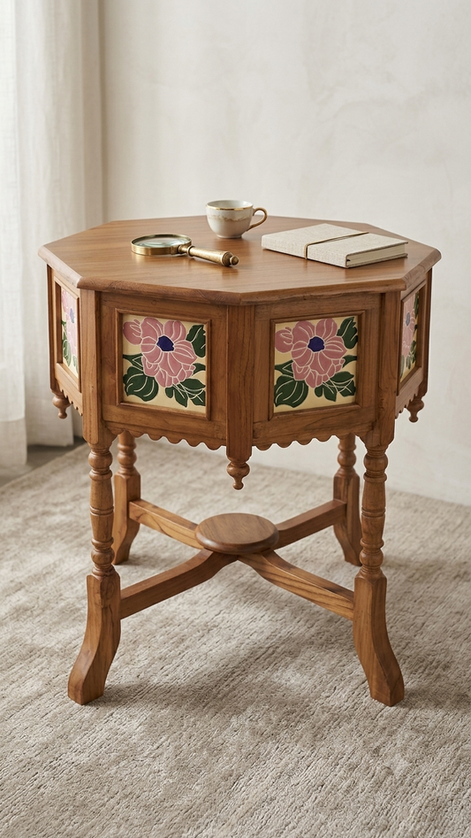 KIRONCE Teak Wood Antique Look Planter Table with Floral Tile