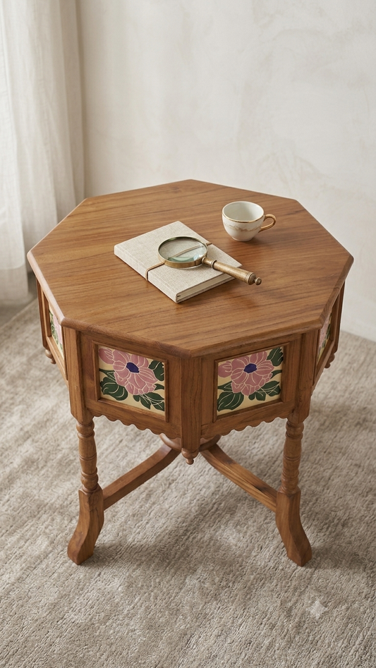 KIRONCE Teak Wood Antique Look Planter Table with Floral Tile