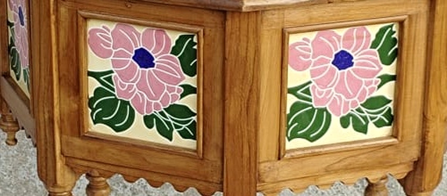 KIRONCE Teak Wood Antique Look Planter Table with Floral Tile